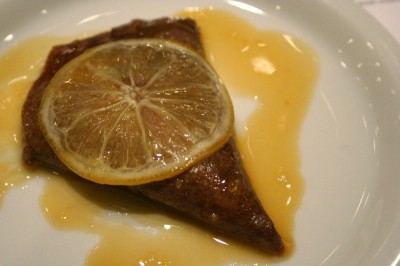 Chocolate-grapefruit crepe suzette with meyer lemon confit