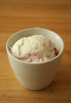 Cottage cheese ice cream swirled with raspberry preserves