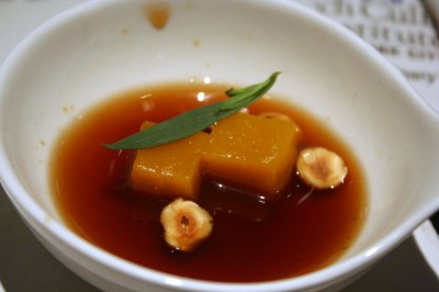 chocolate consomme with butternut squash jelly