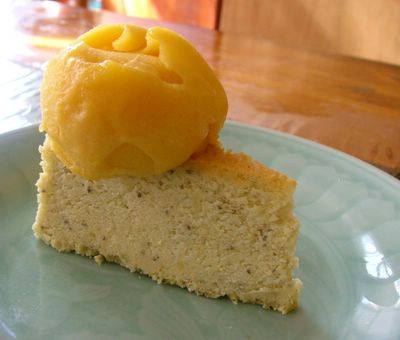 mango sorbet with green tea cheesecake